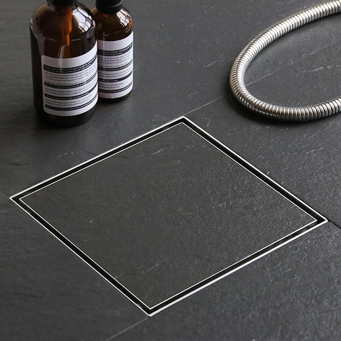 Sharpeye 8 Inch Square Shower Drain with Removable Tile Insert Grate, Brushed 304 Stainless Steel Square Shower Floor Drain, Includes Hair Strainer, CUPC Certified