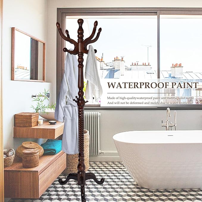 Wood Coat Rack Freestanding, Natural Coats Tree Stand with 14 Hooks, 73" Sturdy and Easy Assembly Coat Rack Stand for Entryway, Hallway, Bedroom, Bags, Hats (Tri-legged Base, Cherry Color)