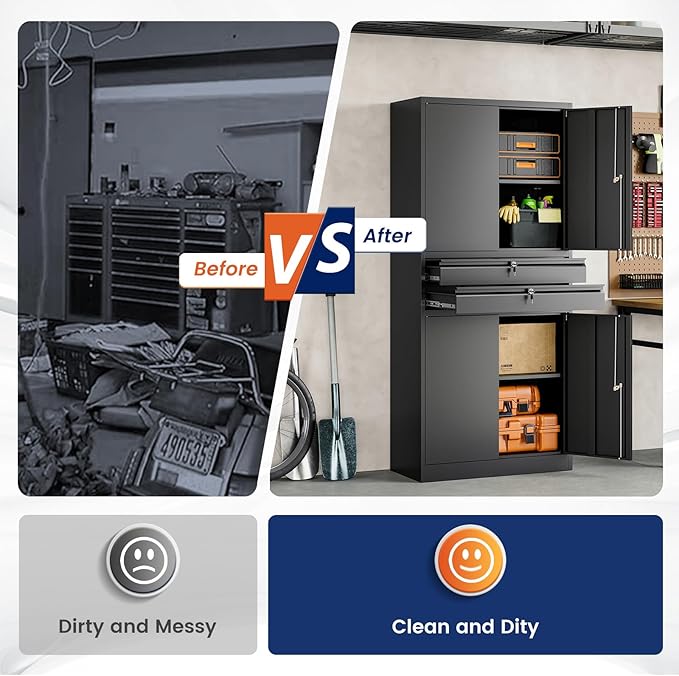 Yizosh Metal Garage Storage Cabinet with Locking Doors and Adjustable Shelves, 71" Tool Storage Cabinet with 2 Drawer for Garage,Warehouse