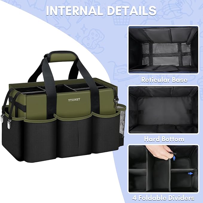 Ytonet Wearable Cleaning Caddy Organizer with Handle & Shoulder Straps, Large Cleaning Bag for Housekeepers, Kitchen Supplies Organizer with Dividers, Under Sink & Car Detailing Bag, Green