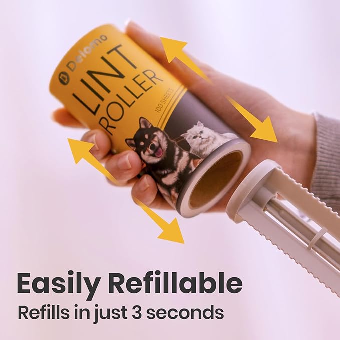 DELOMO Pet Lint Roller for Clothes β Lint Rollers for Pet Hair Extra Sticky, Mega Value Set of 400 Sheets (1 Roller + 3 Refills), Dog Cat Hair Remover for Couch, Furniture, Keep Your Home Tidy