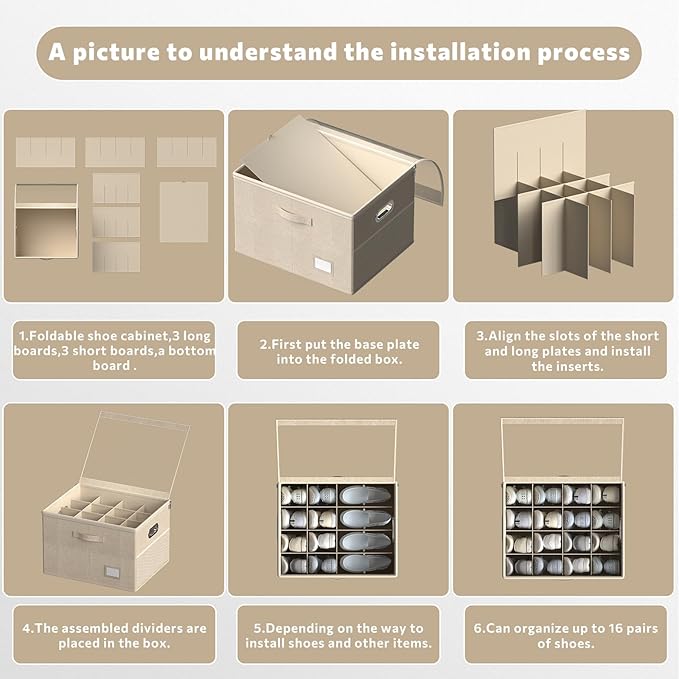 FHSQX Shoe Organizer for Closet,Fits 12 Pair,Shoe Storage Bins with Clear Cover & Adjustable Dividers for Shoes,Shoe Box Storage for Handbags,Blankets,Linen,Clothing (Beige, (19.7 * 15.7 * 13) x1)