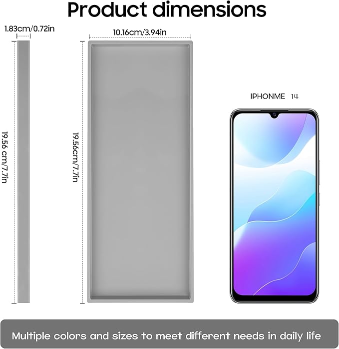 Vanity and Bathroom Tray, 7.7" ABS Countertop Organizer,Waterproof Vanity Tray for Toilet Tank,Perfume,Soap,Keys,Bathroom Accessories,Kitchen and Bath Trays,Non Slip Small Trays,Gray