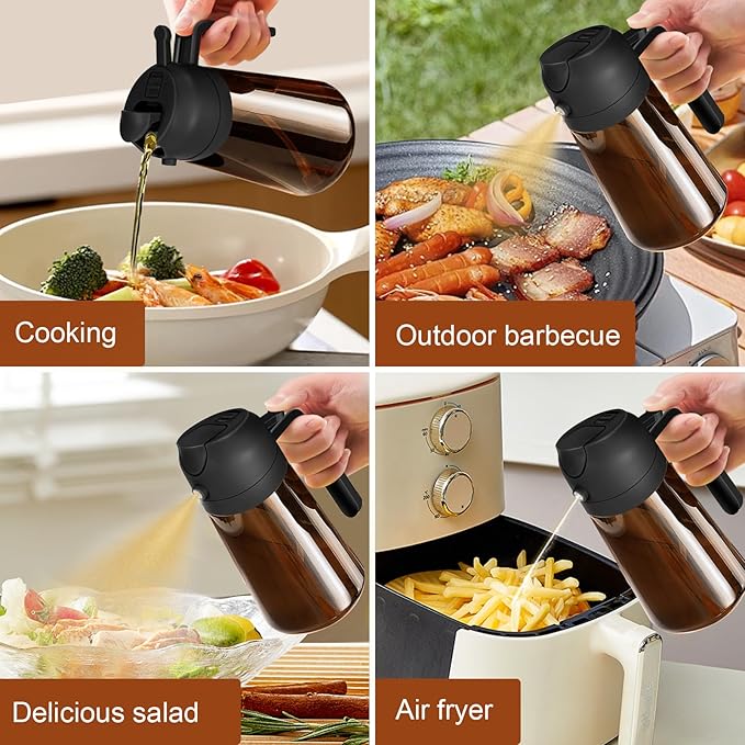 YARRAMATE 2PCS 16oz/470ml Oil Sprayer for Cooking with Stickers, Food-Grade 2 in 1 Olive Oil Dispenser Bottle for Kitchen, Premium Dark AmberGlass Oil Bottle for Air Fryer, BBQ (Black & White)