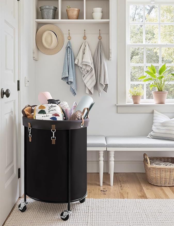 StorageWorks 170L Rolling Laundry Basket, Clothes Hamper with Wheels, Round Clothing Cart with Steel Frame and Removable Bag, 4 Casters and 2 Brakes, Black, 1-Pack