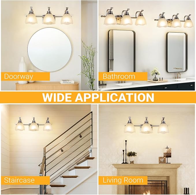 WJShome 19.5" Bathroom Light Fixtures, 3-Light Vanity Lights with Frosted Glass Shades, Brushed Nickel Wall Sconces, for Mirror Bedroom Hallway Cabinet
