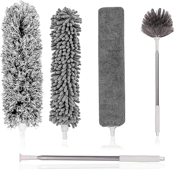 Microfiber Feather Duster 5-in-1 Kit, Dusters for Cleaning, Duster with Extension Pole 100 Inches, Cobweb Duster, Microfiber Dusters for High Ceilings and Fans, Blinds, Cars and Furniture