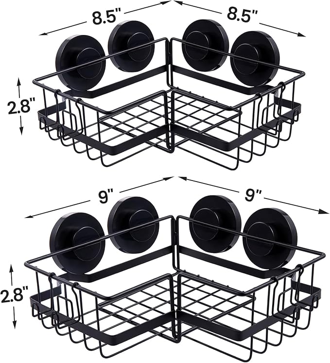 LEVERLOC 2 Pack Corner-adaptive Suction Cup Shower Caddies, Drill-Free Wall Mounted Basket, Stainless Steel Rustproof Corner Shower Shelf, Large Capacity Removable Suction Bathroom Organizer, Black