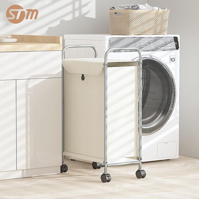STORAGE MANIAC Rolling Laundry Hamper, Laundry Basket with Lockable Wheels, Clothes Sorter Cart, Small Clothes Separator Hamper for Closet, Bathroom, Laundrys Room, 1 Section Beige