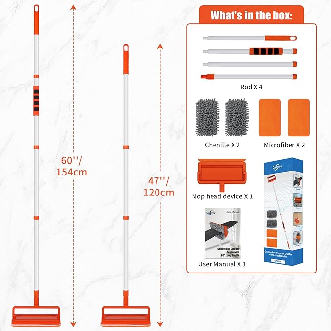 Qaestfy Ceiling Fan Cleaner Duster with 62.5‘’ Extendable Long Handle Ceiling Fan Blade Cleaning Tool, Reusable Chenille & Microfiber Mop Head for Dusting Ceiling Fan Baseboard Wall Floor
