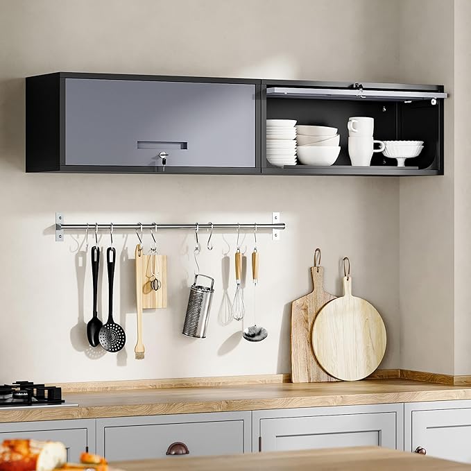 Yizosh Metal Garage Wall Cabinet with Doors, Wall Mounted Metal Storage Cabinet, Floating Garage Tool Cabinet for Garage, Basement, Kitchen, Warehouse (Black Gray, 13.7" H)