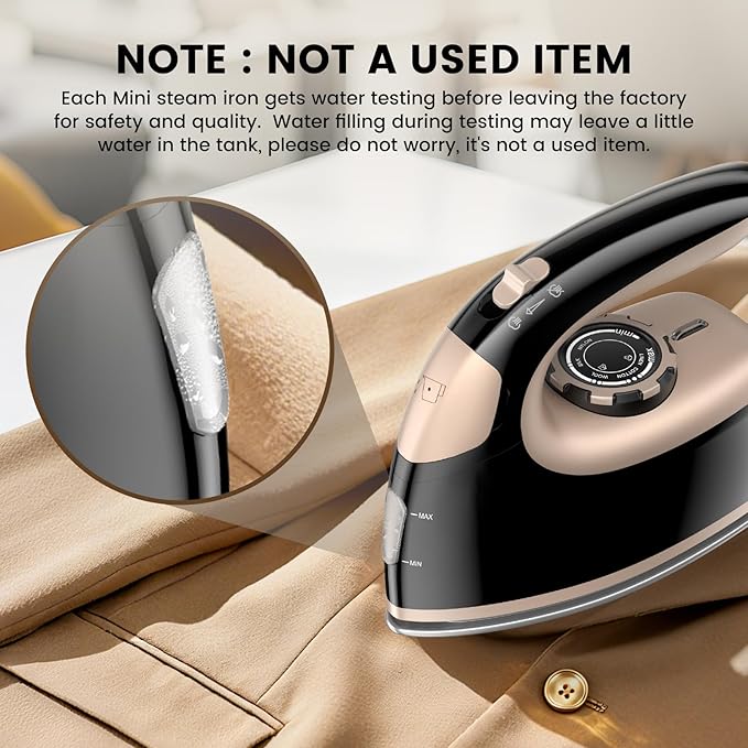 MIYOKO 2-in-1 Mini Travel Steam Iron, 1000W Portable Small Iron for Clothes, with Non-Stick Soleplate, 90ML Water Tank, 25G/Min High Speed Steams, 110-120V for Home Travel Use, Black & Gold