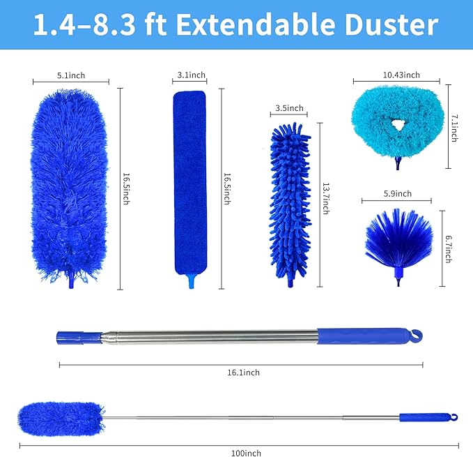 Ceiling Fan Cleaner Dusters for Cleaning 6-in-1 Kit, Cobweb Duster with Extension Pole, 100 Inches High Ceiling Fan Blade Cleaners with 5 Reuseable Dusting Heads for Windows and Blinds- Blue