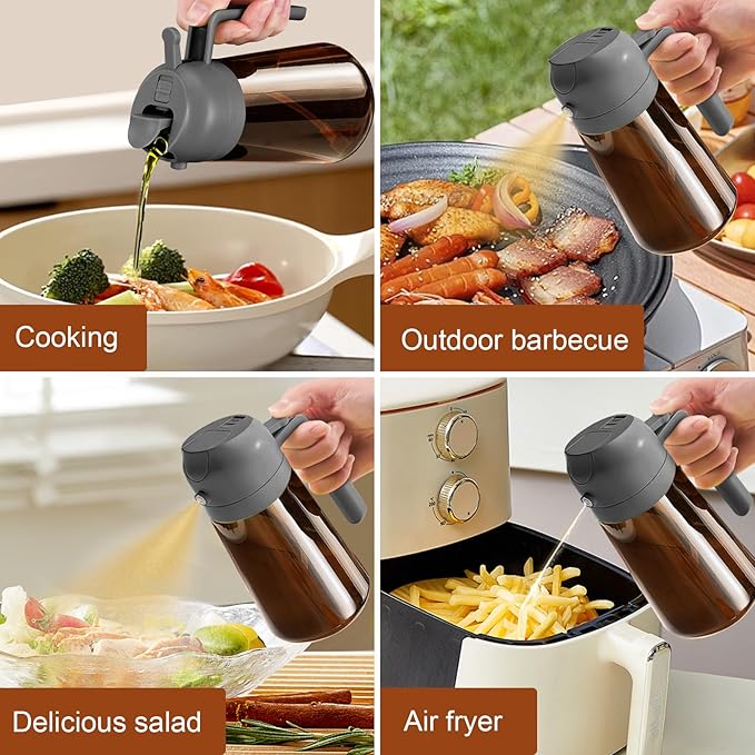 YARRAMATE 16oz/470ml Dark Brown Oil Sprayer for Cooking with Stickers, Food-grade Premium 2 in 1 Olive Oil Dispenser Bottle for Kitchen Gadgets, Air Fryer, Salad, Frying, BBQ (Grey)