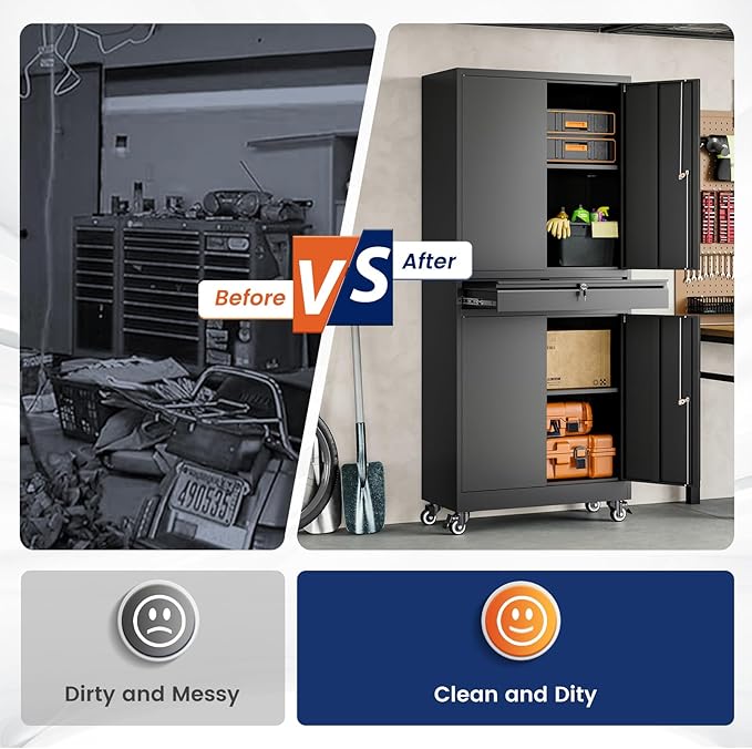 Yizosh Metal Garage Storage Cabinet with Locking Doors and Adjustable Shelves, 73" Rolling Tool Storage Cabinet with 4 Wheels and 1 Drawer for Garage,Warehouse (Black)