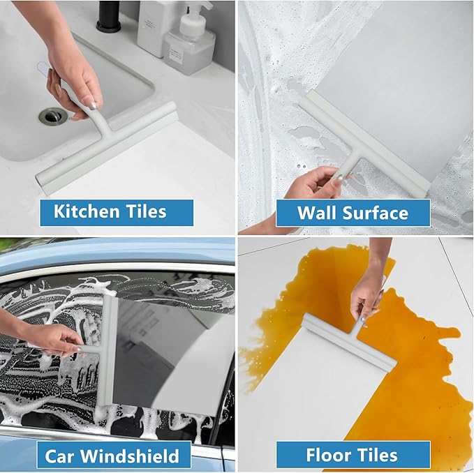 Shower Squeegee for Glass Doors, Full Silicone Jacketed Squeegee with Ergonomic Handle & No-Drill Hook, Cleaning Tool for Windows, Mirrors, Tiles, Bathroom & Car - Grey