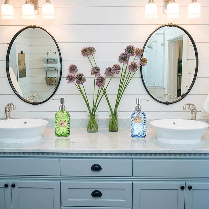 16 Oz Soap Dispenser with 304 Rustproof Stainless Steel Pump, Kitchen, Bathroom Soap Dispenser, Refillable Liquid Glass Soap Dispenser for Hand Soap, Soap, Lotion. (Green)