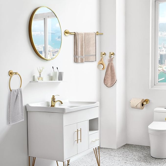 TQKAG Brushed Gold Bathroom Hardware Accessories Set 10-Pieces, Premium SUS304 Stainless Steel Bathroom Towel Bar Holder Set 23.6 Inch Round Towel Racks for Bathroom Wall Mounted