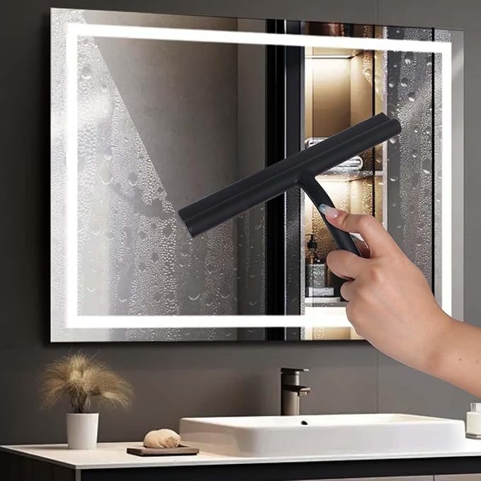 Shower Squeegee for Glass Doors, Full Silicone Jacketed Squeegee with Ergonomic Handle & No-Drill Hook, Cleaning Tool for Windows, Mirrors, Tiles, Bathroom & Car - Black