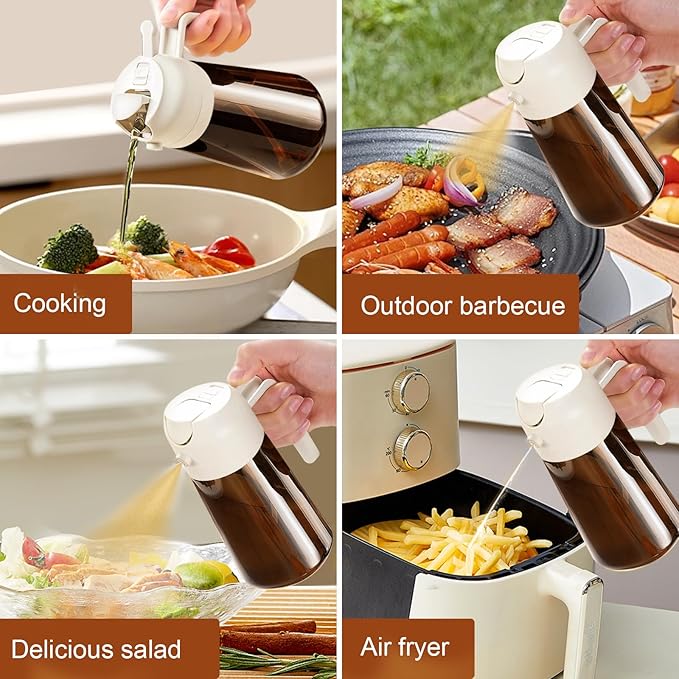 YARRAMATE 16oz/470ml Light Blocking Oil Sprayer for Cooking with Stickers, Food-Grade 2 in 1 Olive Oil Dispenser Bottle for Kitchen, Premium Dark Amber Glass Oil Bottle for Air Fryer, BBQ(White)