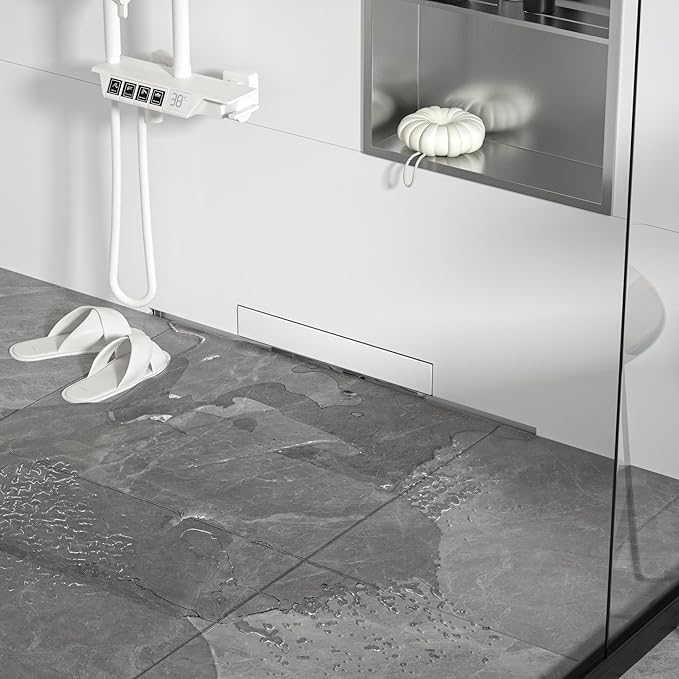 Linear Wall Drain 24’’, 304 Stainless Steel Side Drain w/Tiled Grate & Hair Strainer, Brushed Tiled Shower Drain for Bathroom, CUPC Certified