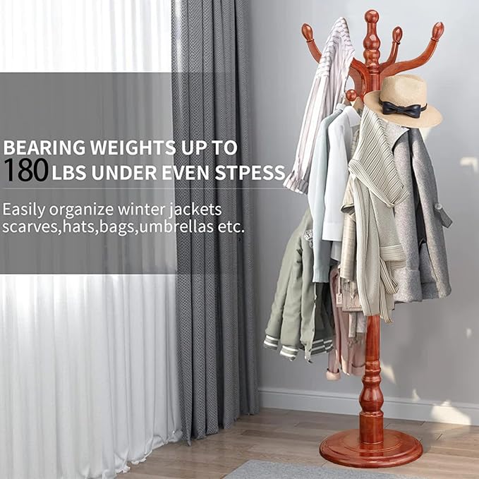 Wood Coat Rack, Heavy Duty Coat Rack Freestanding with 11 Smooth Hooks, Vintage Coat Tree, Clothes Hanger Stand with Stable Disc Base for Entryway, Bedroom (Light Brown)
