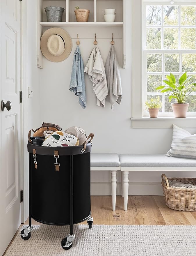 StorageWorks 110L Rolling Laundry Basket, Clothes Hamper with Wheels, Round Clothing Cart with Steel Frame and Removable Bag, 4 Casters and 2 Brakes, Black, 1-Pack