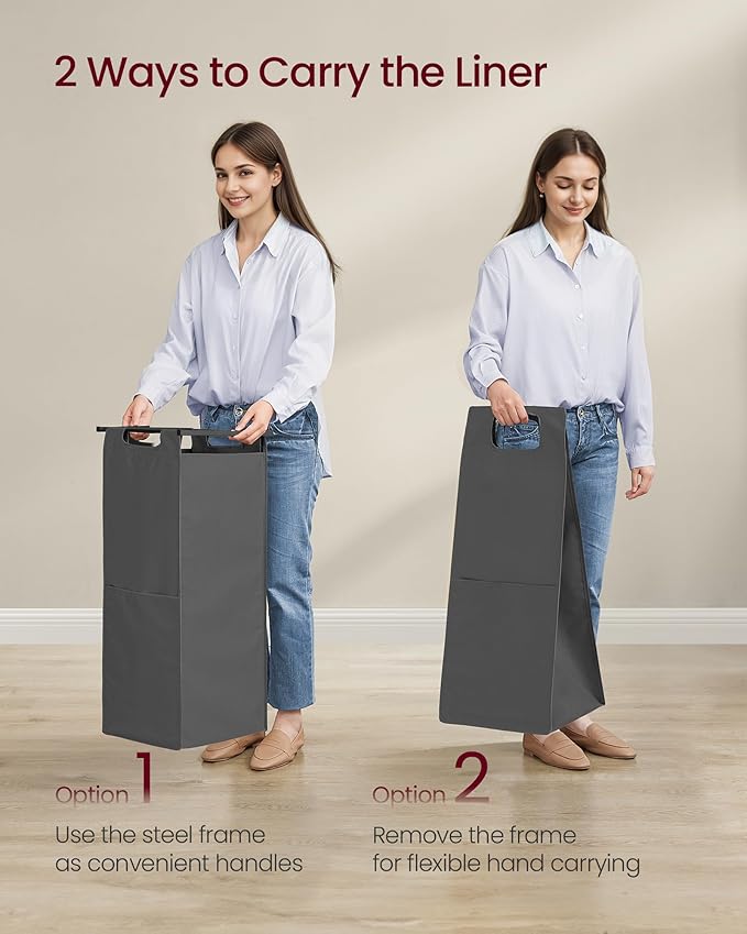 VASAGLE Laundry Sorter, 29 Gal. (110 L) Laundry Hamper Basket with 2 Compartments, Rolling Cart with Wheels, Shelf, Removable Bags, Pockets, Slate Gray and Charcoal Gray UBLH021G01