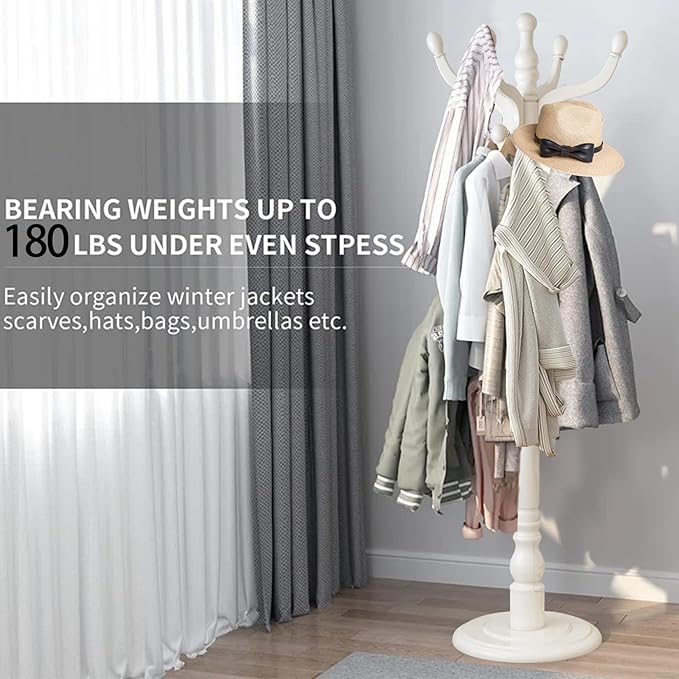 Wood Coat Rack, Heavy Duty Coat Rack Freestanding with 11 Smooth Hooks, Vintage Coat Tree, Clothes Hanger Stand with Stable Disc Base for Entryway, Bedroom (Ivory White)
