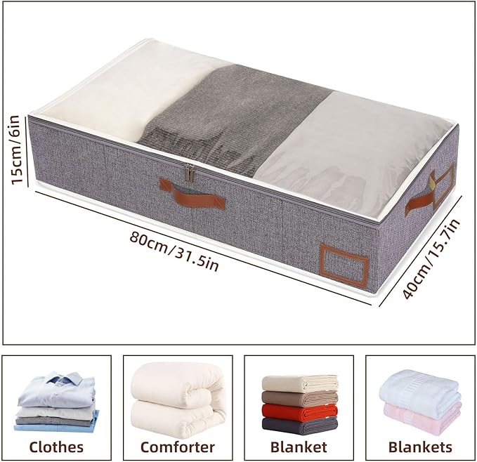 Yawinhe Under Bed Storage Containers, 2 Pack, Bin with Lids, Collapsible Closet Organizers, with Sorting Card Slot and 4 Leather Handles, for Blanket, Bedding, 31.5''Lx15.7''Wx6''H, Grey