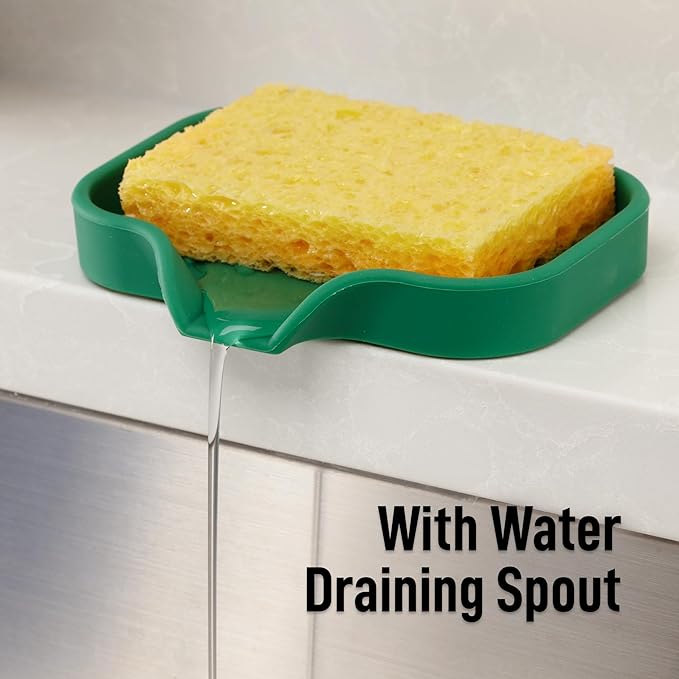 Zulay Kitchen Small Silicone Sponge Holder (4.9x3.3”) – Space-Saving Sink Organizer Tray for Sponge, Soap, Brush & More – Compact Non-Slip Dish for Kitchen & Bathroom Countertops (Pine Green)