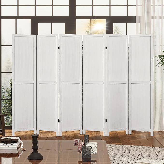 WelFurGeer 6 Panel Room Divider Screen - 360° Adjustable Folding Panels for Privacy, Bedroom, Living Room & Patio, Handcrafted Decorative Room Divider, Freestanding Divider for Room Separation (White)