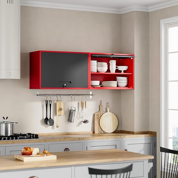 Yizosh Metal Garage Wall Cabinet with Doors and Shelves,Wall Mounted Metal Storage Cabinet, Floating Steel Tool Cabinet for Garage,Basement,Kitchen,Warehouse (Red Black,21.6" H)