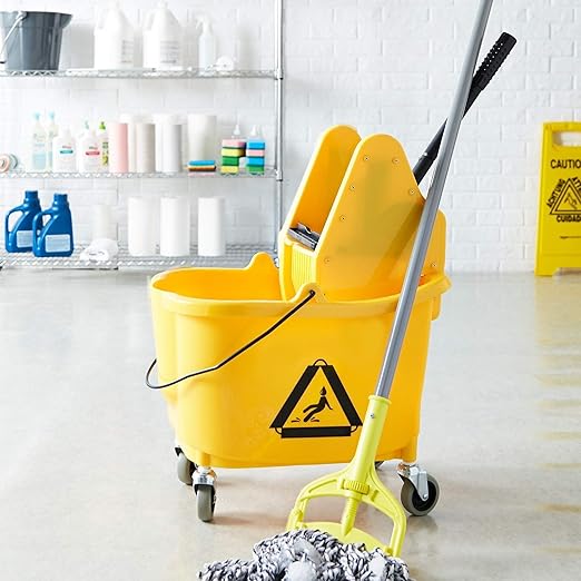 Amazon Basics Rectangular Floor Cleaning Mop Bucket with Sturdy Down Press Wringer Combo, 35-Quart, Yellow