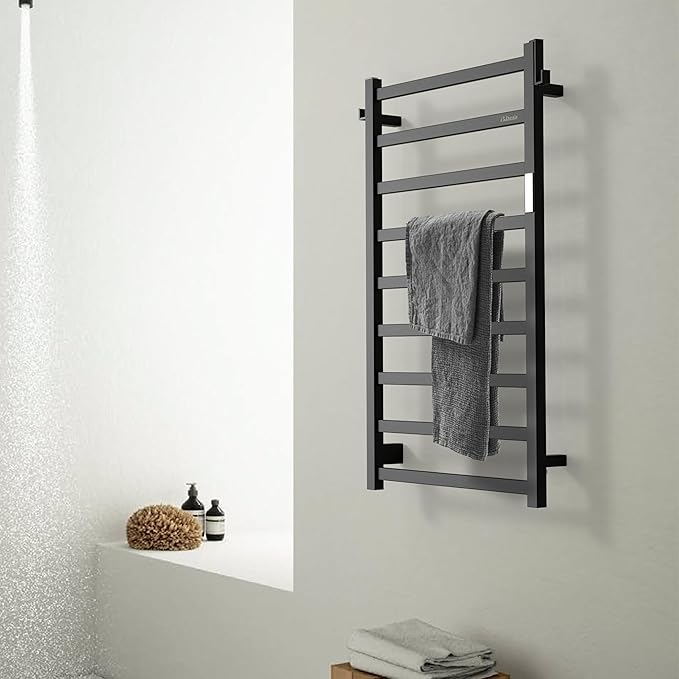 Z&Zhanle Heated Towel Racks for Bathroom, 9-Bar Towel Warmer Rack for Bathroom, Wall Mounted Towel Warmer, Electric Towel Drying Rack with Timer, Carbon Steel Matte Black, Plug-in/Hard-Wired
