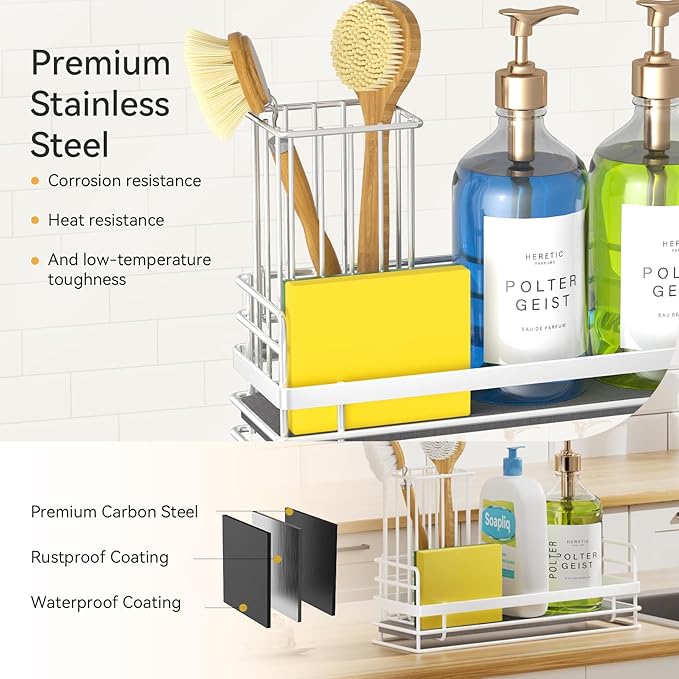 Yofidra Sink Caddy with Stone Drying Tray: Stainless Steel Soap Dispenser Kitchen Sink Organizer Set, Sponge Holder Counter Accessories Decor for Kitchen Organizers and Storage 8.1x3.5x4.5 in White