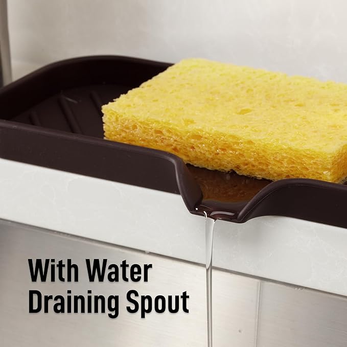 Zulay Kitchen Large Silicone Sponge Holder (12x4) – Flexible Sink Organizer Tray for Kitchen & Bathroom – Multipurpose Soap Dish for Sponges, Makeup, Trinkets & More (Chocolate)