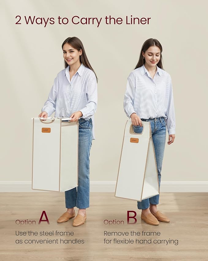 VASAGLE Laundry Hamper with 3 Compartments, 26.4 Gal. (100 L) Laundry Sorter, Rolling Laundry Cart with Shelves, Small Side Pockets, 6 Labels, Natural Beige, Camel Brown and Cream White UBLH202N01