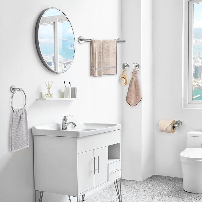 TQKAG Bathroom Towel Bar Holder Sets Brushed Nickel 23.6 Inch Round Stainless Steel Towel Bar Set 5 Piece Bathroom Accessory Set Wall Mounted