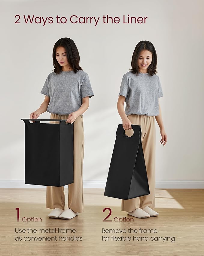 VASAGLE Laundry Hamper, Laundry Basket, Laundry Sorter with a Pull-Out and Removable Bag, Shelf, Metal Frame, 12.4 Gallons (47 L), 16.5 x 11 x 29.5 Inches, Ink Black and Rustic Brown UBLH001B01