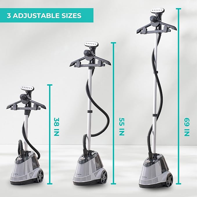 True & Tidy Heavy Duty Commercial Full Size Standing Garment Steamer for Clothes with Extra Large 2.9L (98 oz) Water Tank for 90+ mins of Steam Time, 1800 watts of Powerful Steam, 3 Settings, Gray