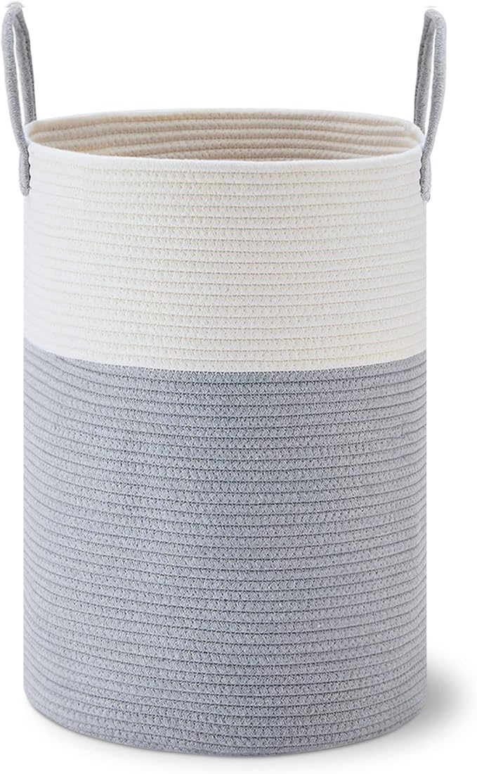 VIPOSCO Large Laundry Hamper, Tall Woven Rope Storage Basket for Blanket, Toys, Dirty Clothes in Living Room, Bathroom, Bedroom - 58L Grey & White