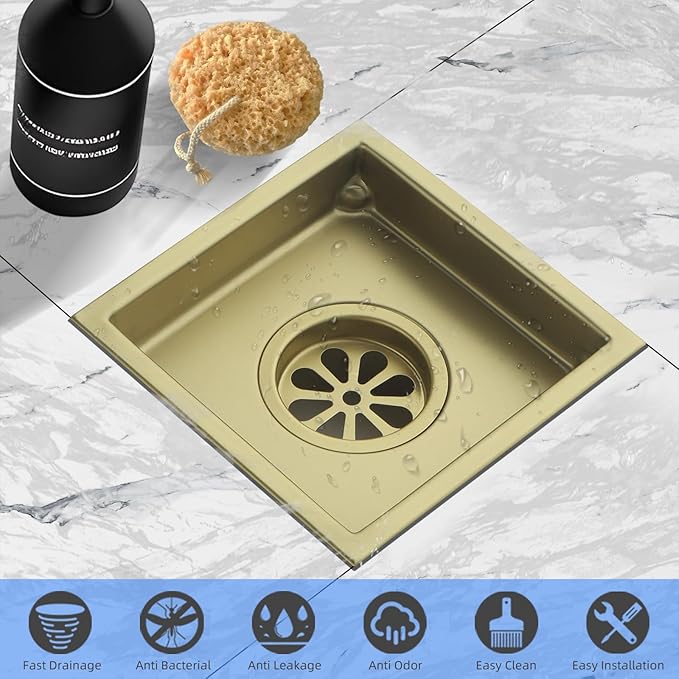 Square Shower Drain 4-Inch with ABS Flange, Brushed Gold, Removable Grille,Bathroom Stainless Steel Shower Floor Drain
