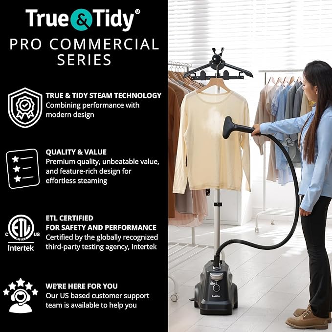 True & Tidy® Heavy-Duty Commercial Industrial Standing Garment Steamer for Clothes, 1800 watts, XL 3L water tank 90+ mins of Steam 3 Steam Settings, Step On/Off Control, Wheels for Easy Movement