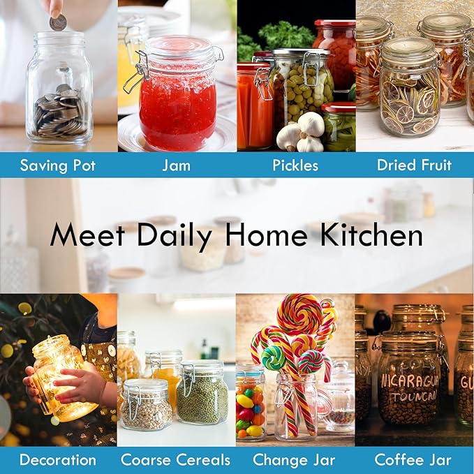 YEBODA 48oz Food Storage Canister Glass Jars with Clamp Airtight Lids and Silicone Gaskets for Multi-Purpose Kitchen Containers - Clear Square (2 Pack)