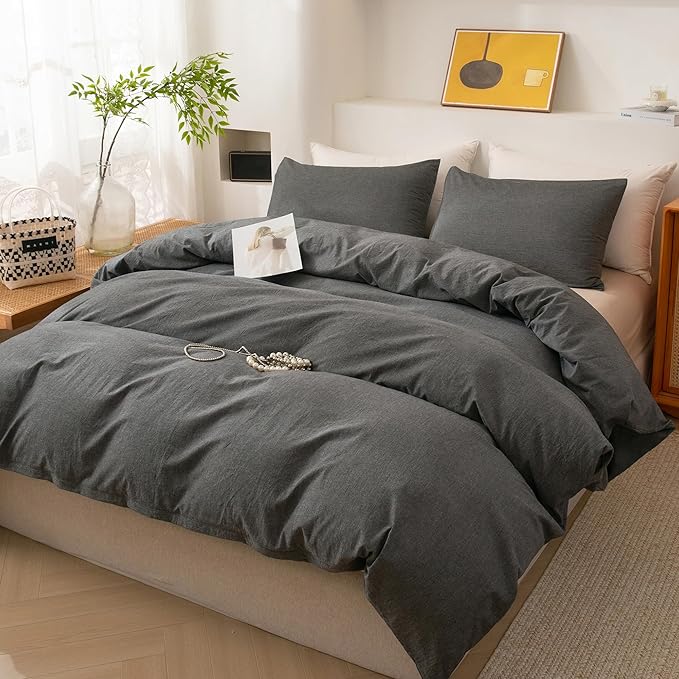 ECOCOTT Grey Duvet Cover King Size, 100% Washed Cotton 1 Duvet Cover with Zipper and 2 Pillowcases, Ultra Soft and Easy Care Breathable Cozy Simple Style Bedding Set (Dark Grey)