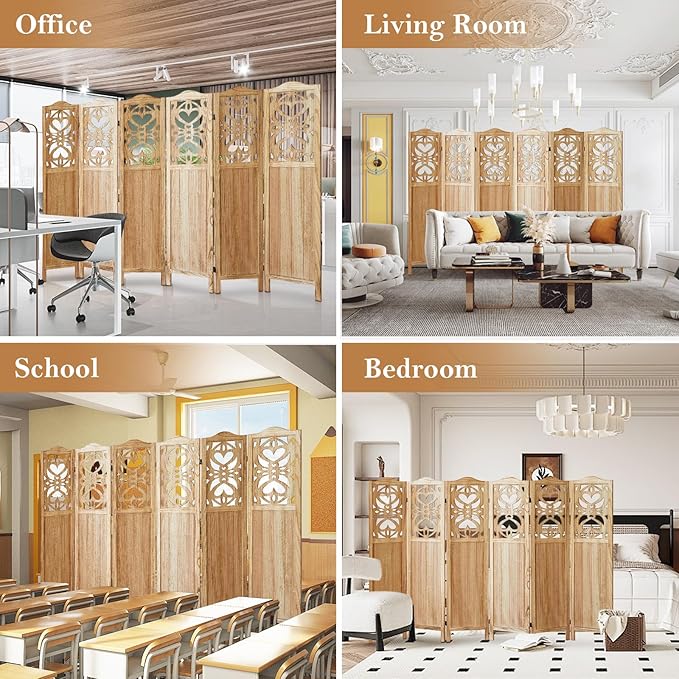 Wood Room Divider 6 Panel 5.6Ft Carved Room Divider and Folding Privacy Screen, Minimalism Portable Partition Screen Divider for Room Separation, Room Decoration for Home Office - Natural