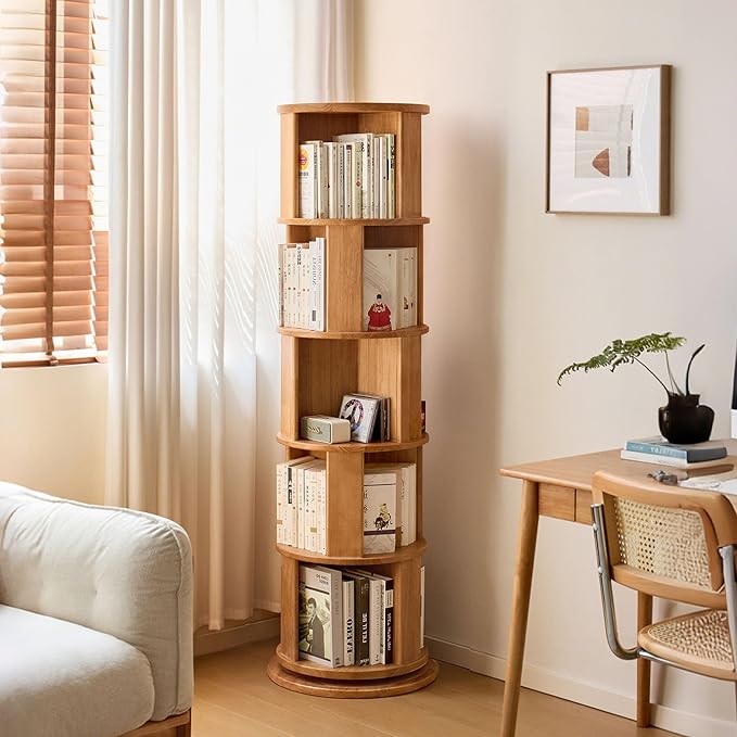 YESWOOD Solid Wood Rotating Bookshelf, 5 Tier Round Revolving Bookcase, 360° Spinning Shelf Tower, Floor Standing Bookcase Storage Rack for Home Office, Corner, Bedroom, Study, Living Room