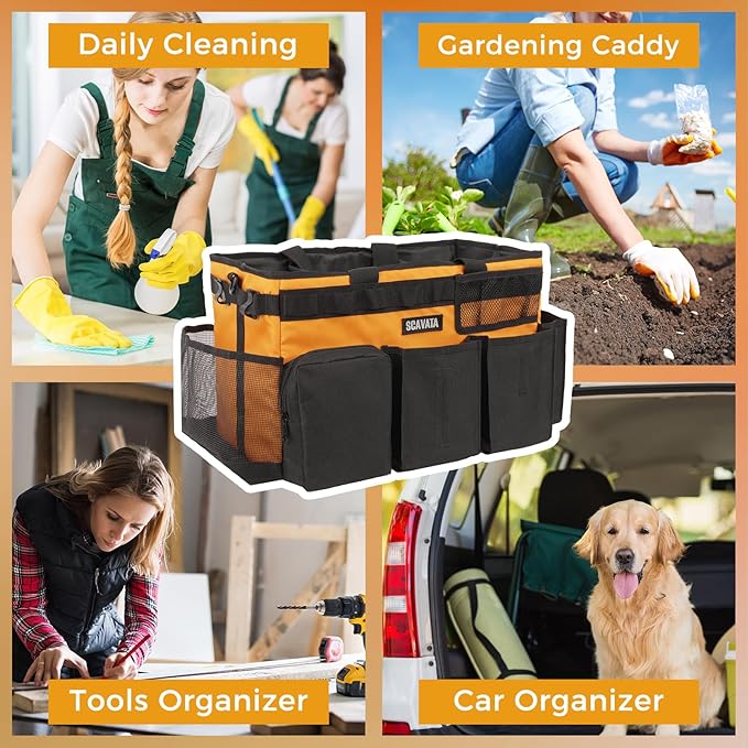 Wearable Cleaning Caddy Bag, Cleaning Caddy Supplies Organizer with Handle & Shoulder Straps for Housekeepers, Under Sink & Car Cleaning Tool Organizers with 4 Foldable Divider (Orange)