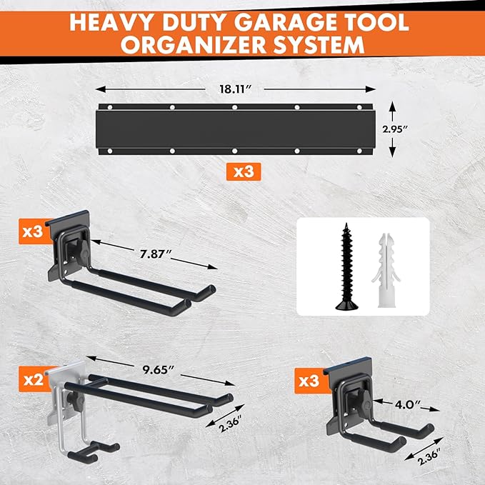 48-Inch Heavy Duty Garage Tool Organizer, Wall Mount Storage System with Adjustable Metal Hooks, 440lbs Capacity, Ideal for Garden Tools, Shovels, Rakes, Brooms, Ladders (48‘’ Metal Hooks)